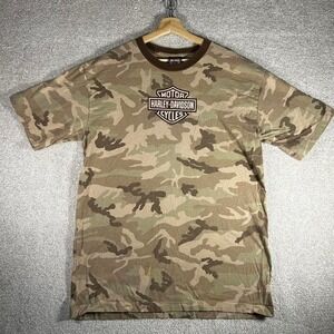Vintage 2000s Harley Davidson camo ringer style graphic tee shirt tshirt
